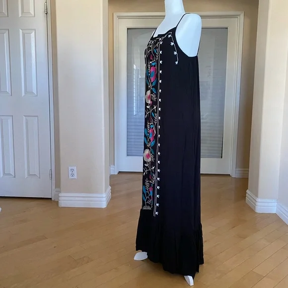 Embroidered Boho Black Maxi Dress Spaghetti Straps - Picture 3 of 9